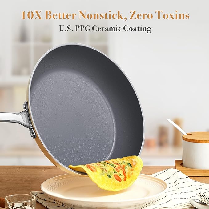 PekGema Ceramic Pots and Pans Set, 16 Pcs Cookware Set Nonstick, Non Toxic, Oven Safe, Induction Cookware, Cooking Set with Steamer, PPG Ceramic PFAS PTFE PFOA FREE, White