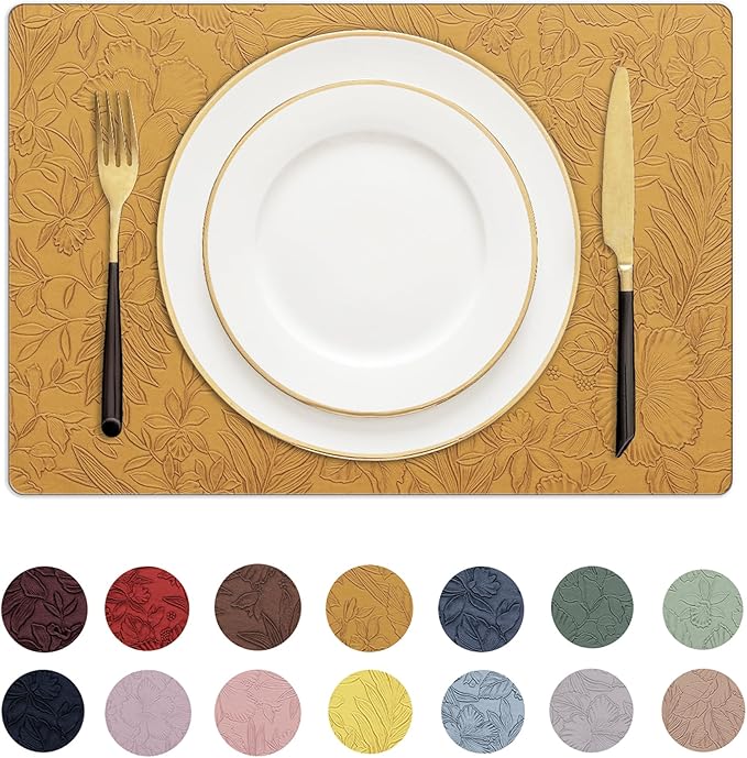 Romanstile Vinyl Placemats Set of 8-12 X 18 Inch - Heat Resistant Non-Slip Embossed Floral Place Mats 100% Waterproof Oilproof Wipeable Faux Leather Table Mats for Kitchen/Dining/Party, Gold