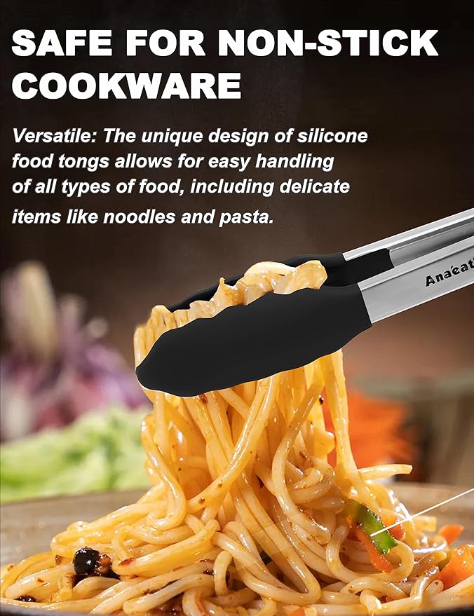 Anaeat Non-Stick Silicone Locking Tong - Stainless Steel 7" Mini Kitchen Food Tongs with Non-Slip Silicone Tips and Grip for Cooking, Baking and BBQ - Heat Resistant up to 480째F (Black)
