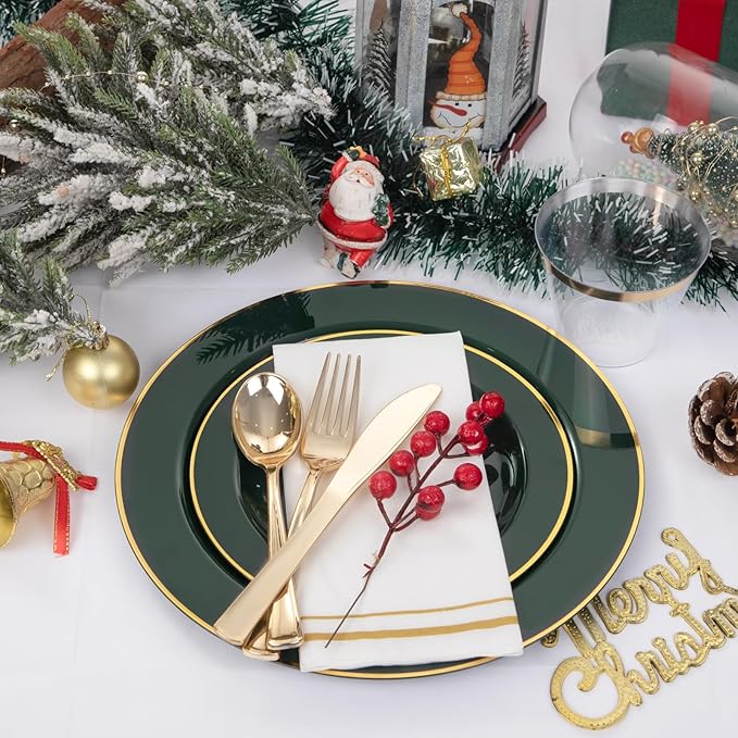 SUT 350PCS Green and Gold Plastic Plates for 50 Guests, Disposable Plates and Napkins Party Supplies, Gold Plastic Silverware, Plates, Cups and Napkins Sets竊똏arty Plates and Cups and Napkins Sets
