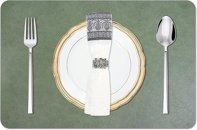 EDanle Cowhide Pattern Faux Leather Placemats Set of 6,Heat Resistant Non-Slip Waterproof Wipeable Washable Kitchen Dining PU Table Place Mats,Double-Sides Available,Green Brown