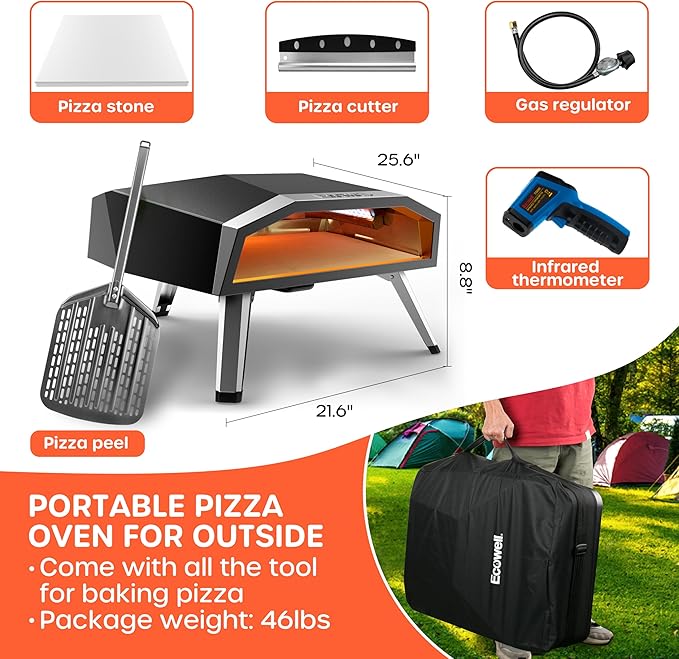16" Outdoor Gas Pizza Oven, 80-Second Outdoor Camping Pizza Maker | with Gas Hose & Regulator, Pizza Stone, Pizza Peel, Pizza Cutter, Infrared Thermometer, Propane Grill Reaches 930째F (16 inch)