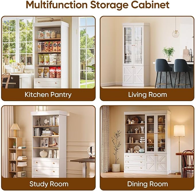 71" Tall Farmhouse Bookshelves with Glass Doors, Large Wooden Bookcase with Adjustable Shelves, Storage Cabinet for Living Room, Kitchen, Home Office, Dining Room, White, Set of 3