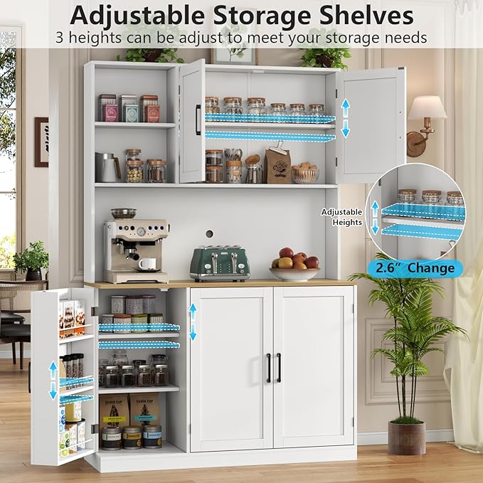 71" Tall kitchen Pantry Storage Cabinet, Modern Kitchen Hutch with 3 Pull-out Drawers, Kitchen Pantries with Microwave Stand & Door Shelf, Food Pantry with Adjustable Shelves for Dining Room (White)