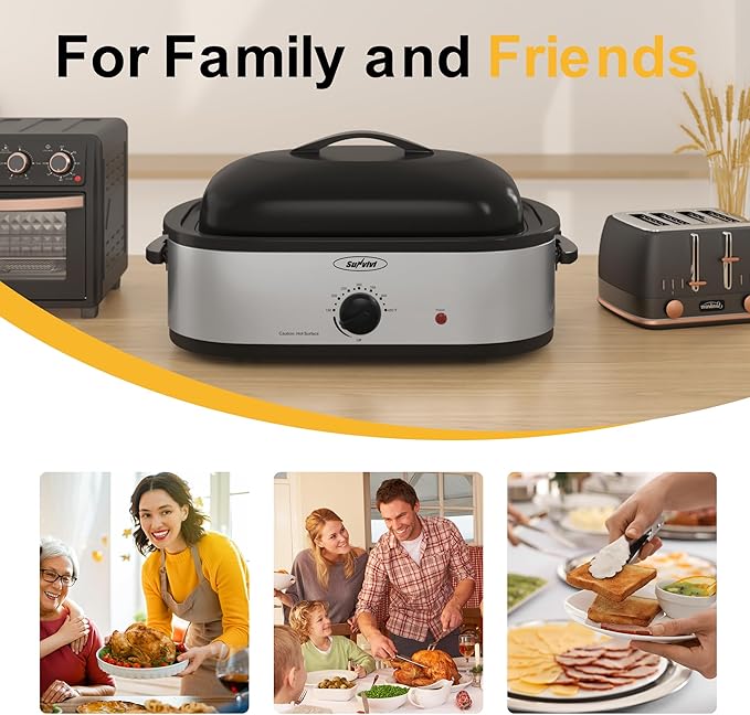 Sunvivi 14-Quart Electric Roaster Oven with Self-Basting Lid, Stainless Steel Turkey Roaster Oven with Rack, No Removable Pan, Easy to Clean, Silver