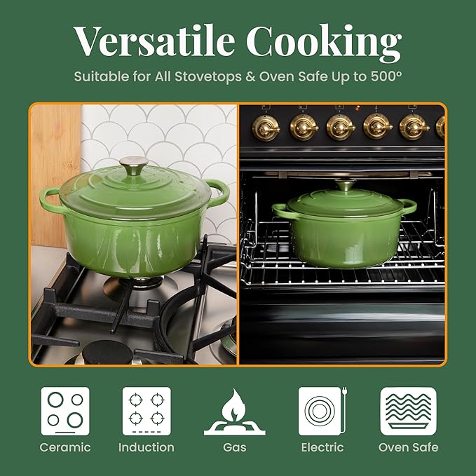 Larder & Vine Enameled Cast Iron 5.7qt Dutch Oven Pot with Lid | Bread Baking | Compatible on All Cooktops & Oven Safe to 500째 F | Great for Sourdough Bread | Okra