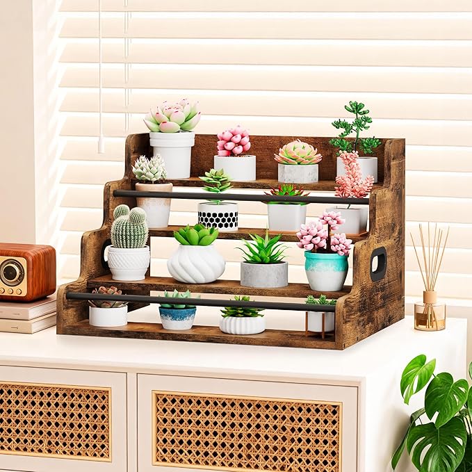 19.6?쓂 x 15.74" D x 12.5" H Inches Versatile 4-Step Coffee Syrup & Water Bottle Organizer Rack Multi-Functional Retro Display Shelf for Kitchen or Bar, Holds Liquor & Spirits, Wooden