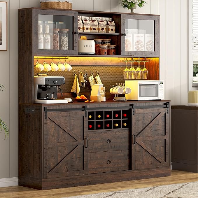 74" Tall 63" Wide Large Coffee Bar Cabinet w/ Outlet,6000-color LED Light,Pegboard,Farmhouse Hutch Cabinet w/Barn Door,2 Big Drawers,Adjustable Shelves,10 Wine & Glasses Rack,5 Hook for Kitchen,Brown