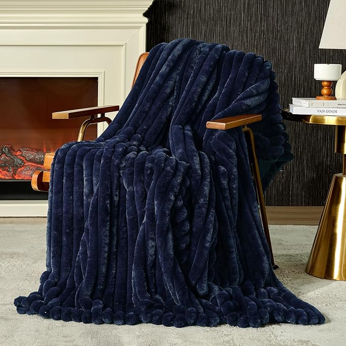 Am챕lie Home Faux Fur Throw Blanket for Couch, Cozy Fuzzy Fluffy Fur Luxurious Soft Striped Plush Gift Blankets for Family Sofa Chair Bedroom, 55"x70", Navy Blue