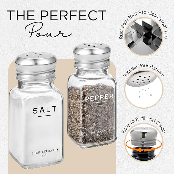 Glass Salt and Pepper Shakers Set with Holder by Brighter Barns - Modern Kitchen Decor, Dining Table Countertop Accessory - Cute Salt and Pepper Set with Caddy for Restaurants, Farmhouse Decor (Clear)