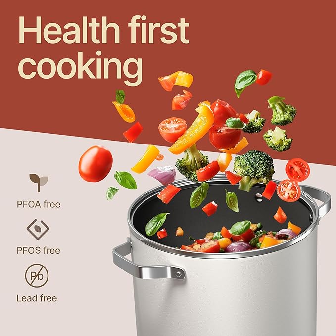 Bakken 16 Quart Ceramic Coated Stock Pot with Lid, Easy Clean Nonstick Pot, Tempered Glass Lid, Riveted Stainless Steel Handles, Oven Safe Up To 500째F, PTFE & PFAS Free, All Stove Compatible, Cream