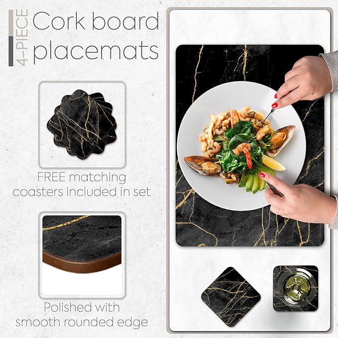 Moderry Set of 4 Heat Resistant Cork Placemats for Dining Table with Free Set of 4 Matching Drink Coasters Marble Design 16 x 12 Inches Cork Backed Hard Placemats (Black & Gold)