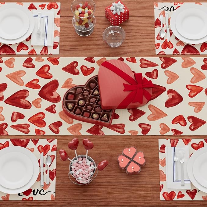 XCHI Watercolor Red Love Hearts Valentine?셲 Day Table Runner Table Decoration for Party Home Kitchen Dining Holiday Decor 13x48 Inch