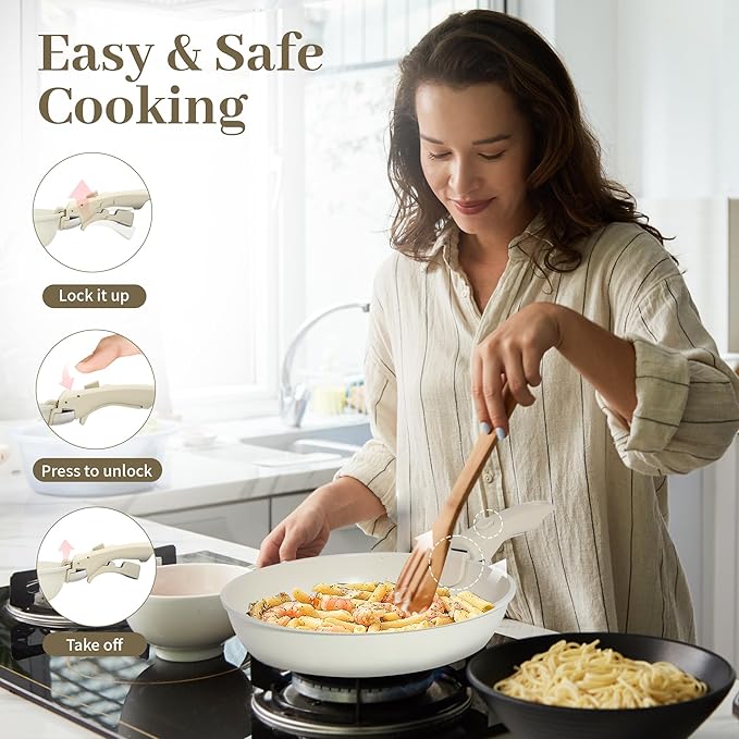 5PCS Pots and Pans Set Non Stick, Kitchen Cookware Sets with Detachable Handle, Induction Cookware Sets, Non Stick RV Cookware Cooking Set, Dishwasher 竊?Oven Safe, PFOA Free, Cream White
