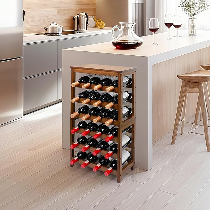 Wine Rack Free Standing Floor, 6-Tier 24 Bottles Display Wine Storage Shelves with Table Top, Easy-Assembly Freestanding Bamboo Wine Racks for Kitchen Dining Room Bar, Walnut