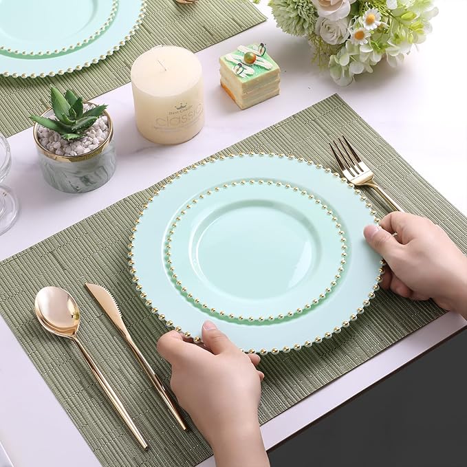 EI 60pcs Green Plastic Plates with Gold Rim,Disposable Plastic Plates Heavy Duty for Party,Sage Green and Gold Dessert/Dinner Plate for Birthday,Afternoon Tea,Wedding,Spring,Valentine's Day,Easter