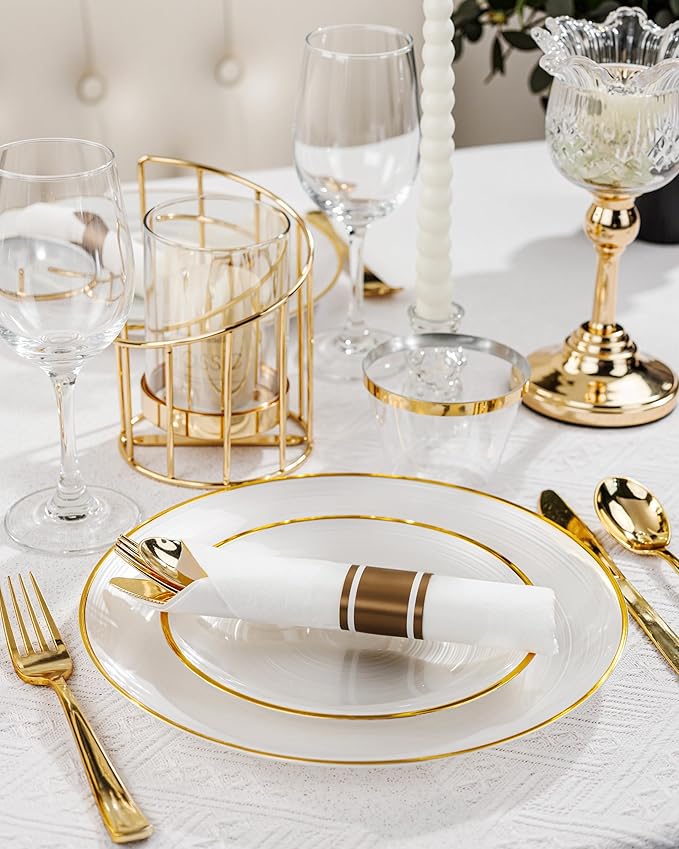 Morejoy 175PCS Pearl White and Gold Plastic Plates - Disposable Gold Party Plates & Pre Rolled Napkins with Cutlery for 25 Guests, 50Plates, 75Silverware, 25Cups, 25Napkin for Party & Thanksgiving