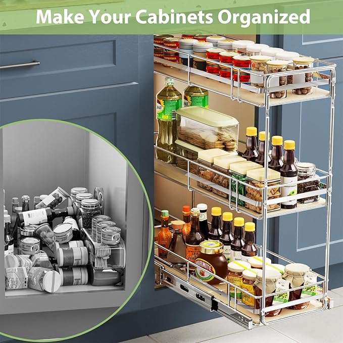 ROOMTEC 3-Tier Pull Out Cabinet Organizer Spice Rack for Narrow Cabinet 6" W x 20쩍" D, Slide Out Wood Shelves Storage for Kitchen