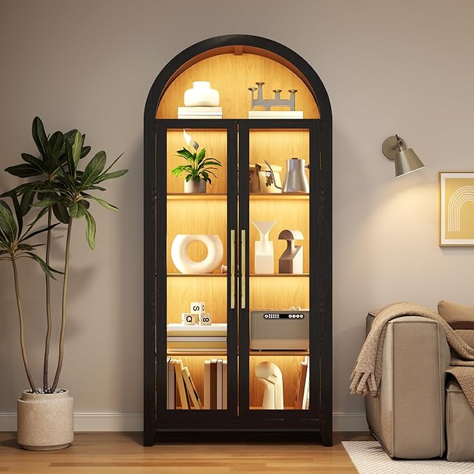 Arch Storage Cabinet with Tempered Glass Door, 71??Arched Display Floor Cabinet, 5 Tier Farmhouse Buffet with Storage for Dining Room, Living Room, Home Office or Kitchen(Black&Oak)