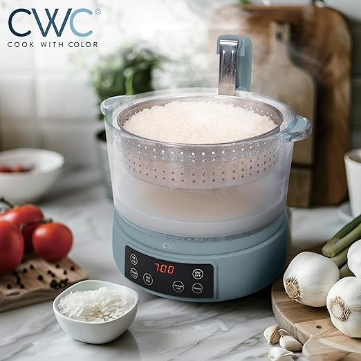 COOK WITH COLOR 3L Glass Mini Low Carb Rice Cooker ??Holds 2 Cups Raw/Makes 6 Cups Cooked with Auto Lift Filter Basket, Hotpot & Steamer for Rice, Grains, Digital Panel with Keep Warm, Slate Blue