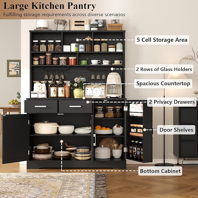 Tall Pantry Cabinet, Modern Kitchen Hutch with Microwave Stand, Kitchen Pantry Storage Cabinet with 2 Darwers & Door Shelf, Food Pantry with Goblet Holders & Adjustable Shelves for Dining Room, Black