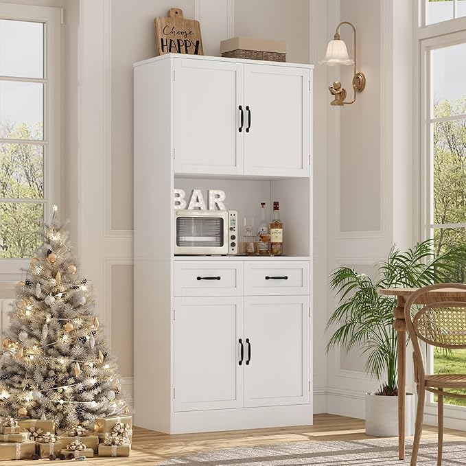 HOSTACK 71??Tall Kitchen Pantry Storage Cabinet, Modern Kitchen Hutch Bar Cabinet with Microwave Stand, Wood Buffet Sideboard with Hutch, Cupboard with Drawers, Shelves for Dining Room, White