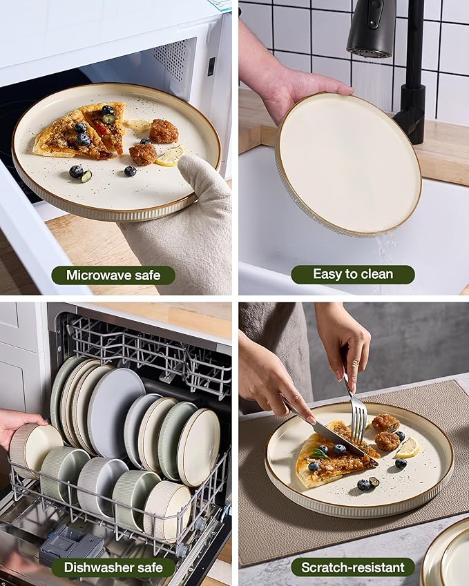 Famiware Star Dinnerware Set, Plates and Bowls Sets for 4 (12pcs), Ribbed Stoneware Dishes with Trim - Chip & Scratch Resistant, Microwave & Dishwasher Safe, Cream