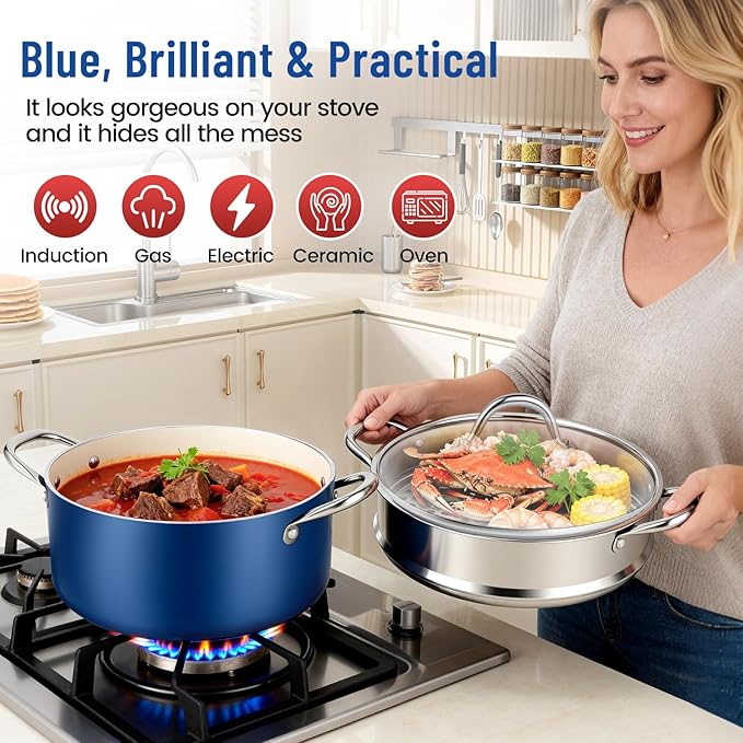 AOSION 6 Quart Steamer Pot With Lid, Nonstick Ceramic Steam Pot with Ladle, 2-Tier Multipurpose Steamer for Cooking with Vegetable,Soup, Stews,Dumplings,Oven & Dishwasher Safe