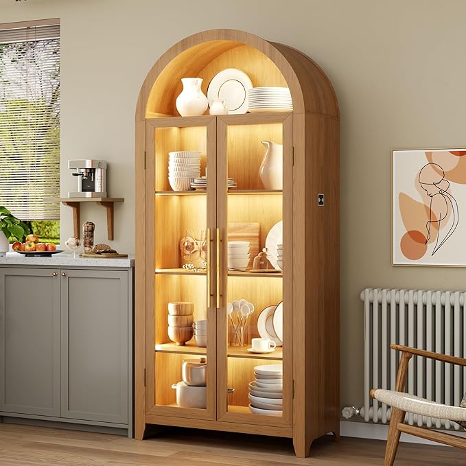 Vlsrka 71" Arched Storage Cabinet with Doors, Display Cabinet with LED Light & Human Sensor, 5-Tier Display Cases for Collectibles, Curio Cabinet with Ajustable Shelf for Living Room(Wood)