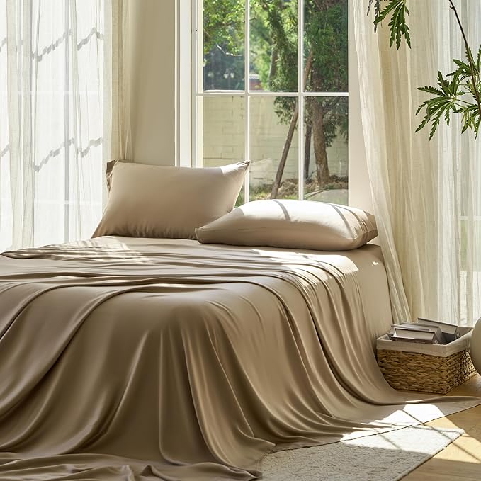 DOZ Sheet Set, 100% Viscose derived from Bamboo, Organically Grown, Buttery Soft, Cooling Sheets, High GSM, Deep Pockets - 4 Piece - 2 Pillowcases 1 Fitted 1 Top Sheet (Dune, Cal King)