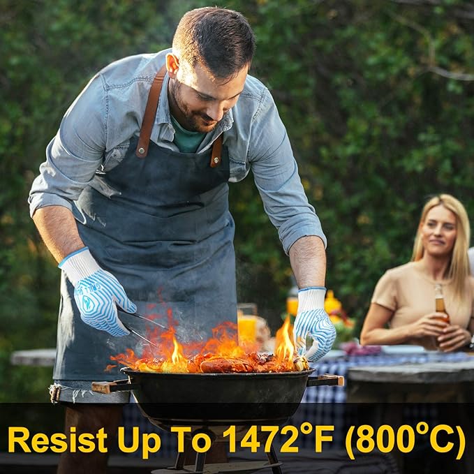 QUWIN BBQ Gloves, Oven Gloves 1472??Extreme Heat Resistant, Grilling Gloves Silicone Non-Slip Oven Mitts, Kitchen Gloves for BBQ, Grilling, Cooking, Baking-1 Pair??(Blue, One Size Fits Most)