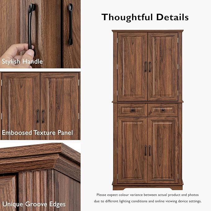 Ball & Cast 71?쿟all Farmhouse Kitchen Pantry Cabinet with 3 Pull Out Shelves & 2 Large Drawers,Versatile Pantry Storage Cabinet w/ 6 Door Shelf & Adjustable Shelves for Kitchen,Dining Room,Walnut