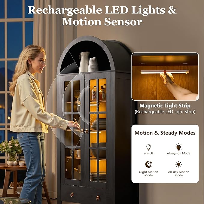 71" Tall Arched Cabinet with Glass Doors, Wood Kitchen Pantry with LED Sensor Lights, Farmhouse Freestanding Versatile Cupboard for Living Room,Dining Room,Home Office, Black
