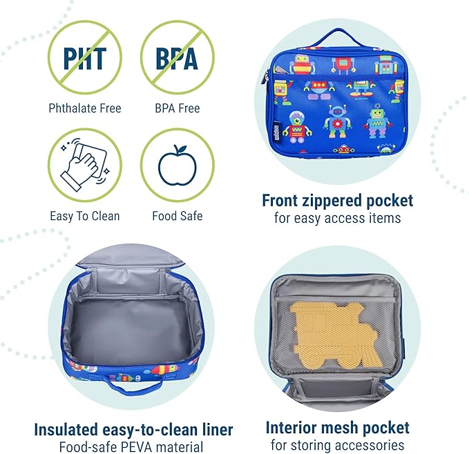 Wildkin Kids Insulated Lunch Box ??Durable and Reusable for School & Travel - Robots