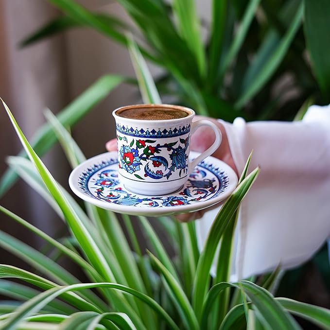 Turkish Coffee Cup Set of 2 with Saucers & Holder ??Ceramic, Dishwasher-Safe, Keeps Warm ??Patterned Turkish Espresso Cups Set for Home & Office (Standart, 2, Count)