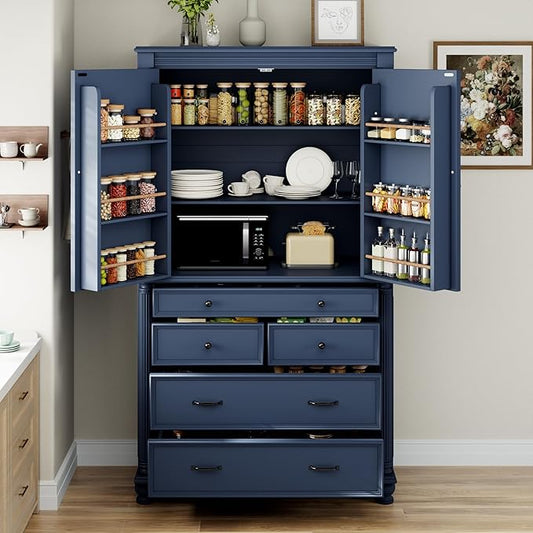 Merax 77" Tall Large Kitchen Pantry Storage Cabinet with 2 Doors & 2 Adjustable Shelves & 5 Drawers & 6 Side Door Shelves, Modern Freestanding Food Pantry for Dining Room, Living Room, Blue
