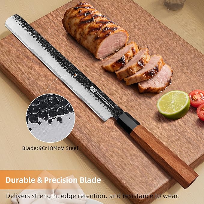 FINDKING Brisket Slicing Knife 12 Inch, Sharp Carving Knife for Meat, BBQ, High Carbon Steel Blade, African Rosewood Octagonal Handle (Dynasty Series)
