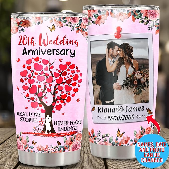 WAZONE Personalized Wedding Anniversary Tumbler Customized Name Double Walled Vacuum Insulated With Lid Stainless Steel Coffee Cup Travel Mug 20 30 Oz Gifts For Men Women Valentine Christmas