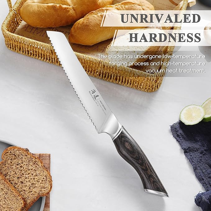 SHANGDAO Serrated Bread Knife 8 Inch - 3 Layers VG10 Alloy Steel Blade for Effortless Slicing of Bread, Cakes & Pastries - Comfortable Grip Non-Stick Design with Pakkawood Handle