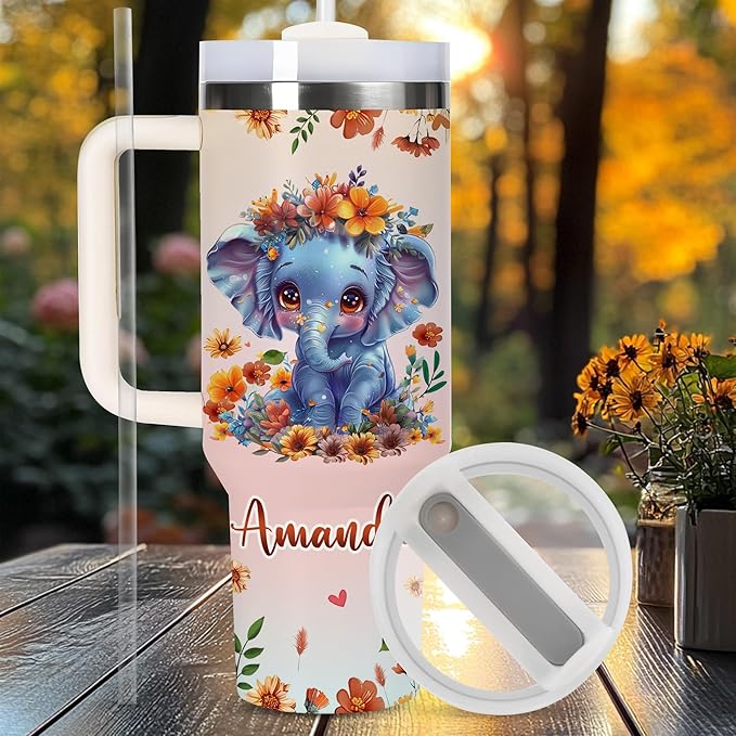 AGGLOMEKC Personalized Cute Elephant Cup - Mother's Day Birthday Gift For Animal Lovers - Just A Girl Who Loves Elephant Tumbler 40oz With Custom Name - Pet Lover Gifts For Women, Her