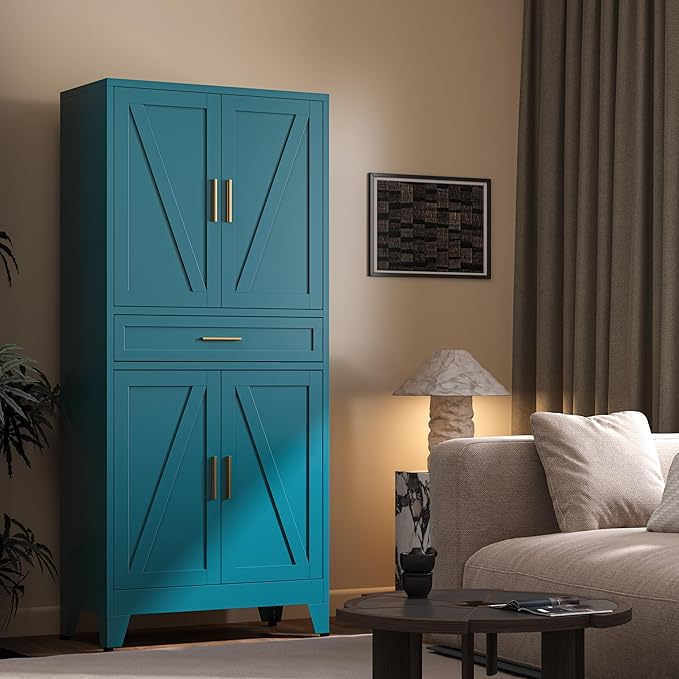 71"H Metal Kitchen Pantry Cabinet with Drawers,Blue Kitchen Storage Cabinets with Doors,Farmhouse Pantry Food Storage Cabinets,Tall Pantry Cabinets,Large Freestanding Cabinets for Dining Room