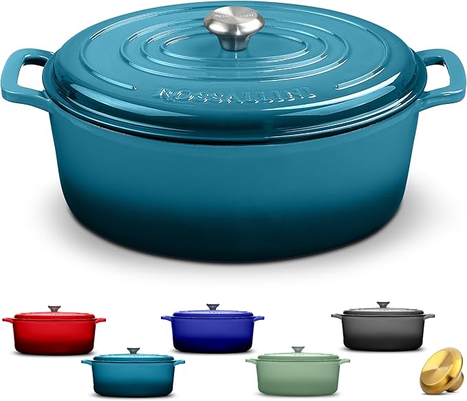 Signature Enameled Cast Iron Oval Dutch Oven | Non-Stick Serving Pot with Tight Fitting Lid for Perfect Roasting, Baking, Sauteing, and Bread Making | 8Q [Ocean Blue]