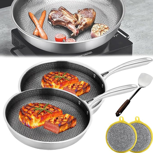 Stainless Steel Hammered Pan Pro, Titanium Full-Screen Honeycomb Wok, Fast Heating, Non-Stick Titanium Pan Without Coating, Includes Spatula and Cleaning Brush for All Cooktops (10.2in hammered*2)