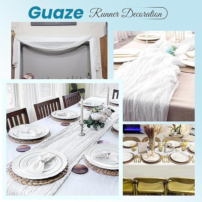 4 Pack White Cheesecloth Table Runner 20 x 120 inch Gauze Table Runners 10 FT Long,Semi Sheer Boho Cheese Cloth Fabric Table Runner Bulk for Wedding,Party,Baby Shower,Bridal Shower Decoration