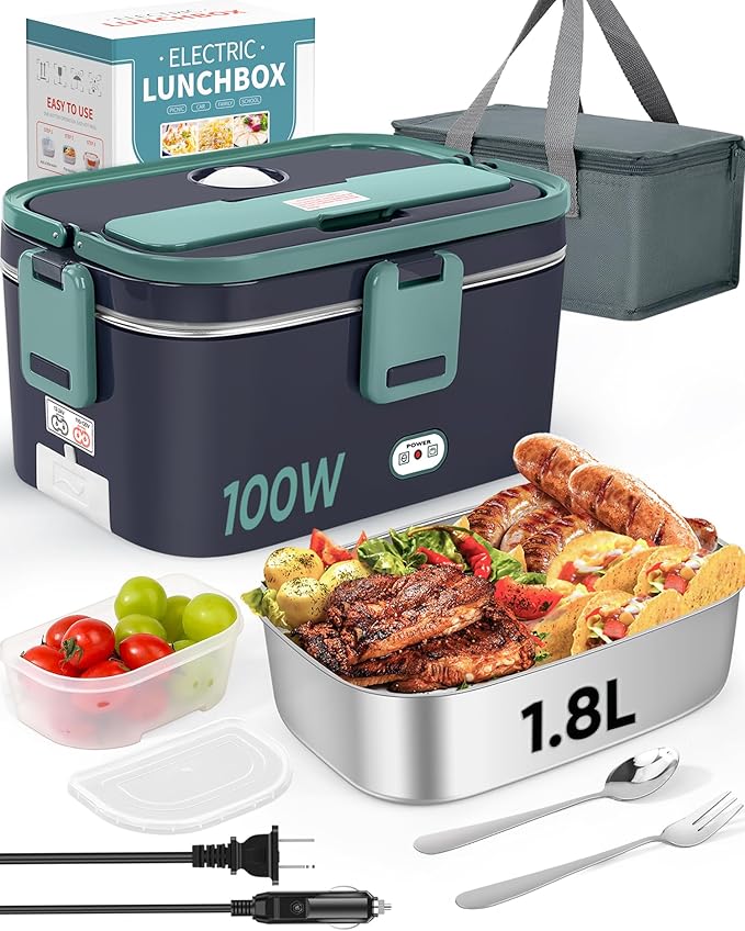 Eocolz Electric Lunch Box Food Heater Warmer 100W, 1.8L Portable Heated Lunch Box for Car Truck Work with Stainless Steel Container Fork & Spoon 12/24/110V Lonchera El챕ctrica