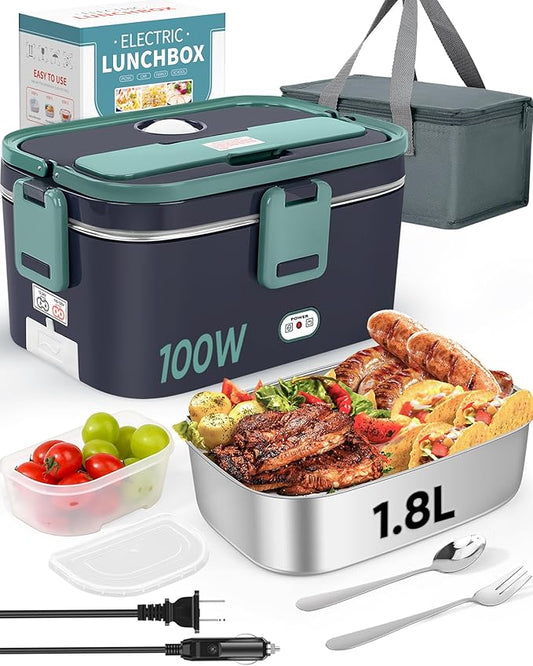 Eocolz Electric Lunch Box Food Heater Warmer 100W, 1.8L Portable Heated Lunch Box for Car Truck Work with Stainless Steel Container Fork & Spoon 12/24/110V Lonchera El챕ctrica