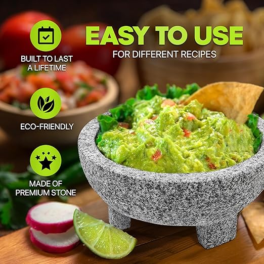 Umien Granite Mortar and Pestle Set - 8-Inch Natural Stone Molcajete with Avocado Tool - 3.5 Cup Capacity for Spices, Herbs, Pestos & Guacamole - Premium Kitchen Christmas Gift (Grey)