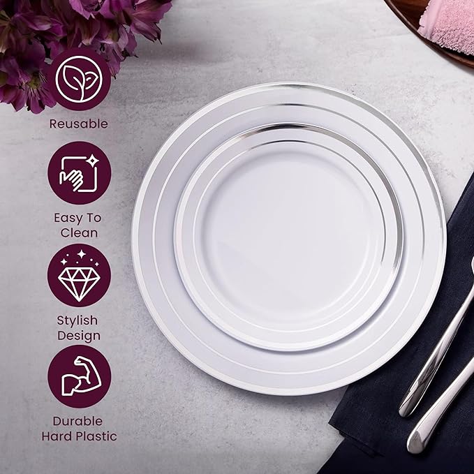 Aya's 100 Silver Rimmed Disposable Plates Set, Heavy Duty - 50 Dinner and 50 Dessert Plastic Plates for Party - Elegant White and Silver Design, Durable Tableware for Weddings, Events and Celebrations