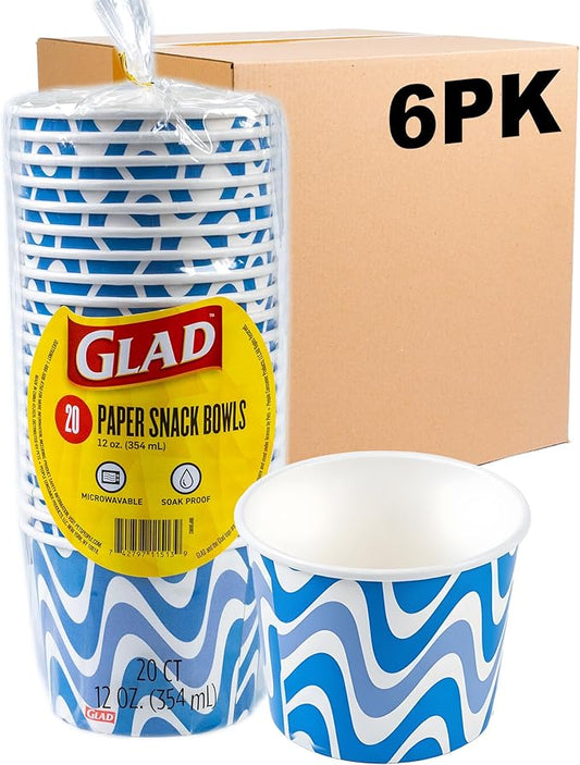 Glad Everyday Paper Snack Bowls with Blue Wave Print, Lids Not Included - Disposable Snack Bowls, Heavy Duty Paper Bowls for Everyday Use, 12 Ounces, 20 Count - 6 Pack