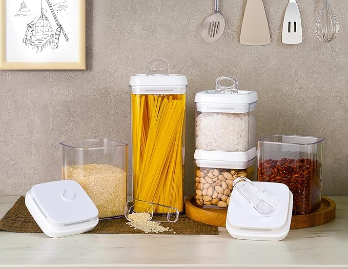 Felli Flip Tite Storage Container with Built-In Spoon & Airtight Lid 5??Large-M Ring Flip Top, Stackable Acrylic Canister for Rice Sugar Flour Protein Powder, Kitchen Pantry Organizer (1.8qt)